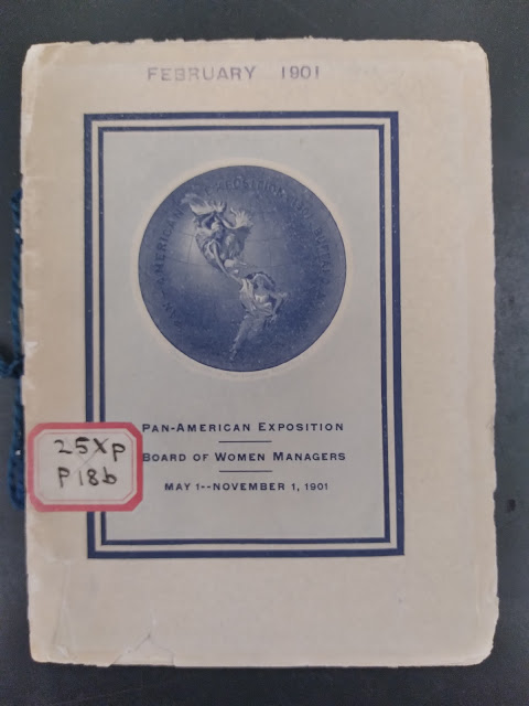 Cover of booklet about the Board of Women Managers, featuring a monochrome logo of the Pan-American Exposition