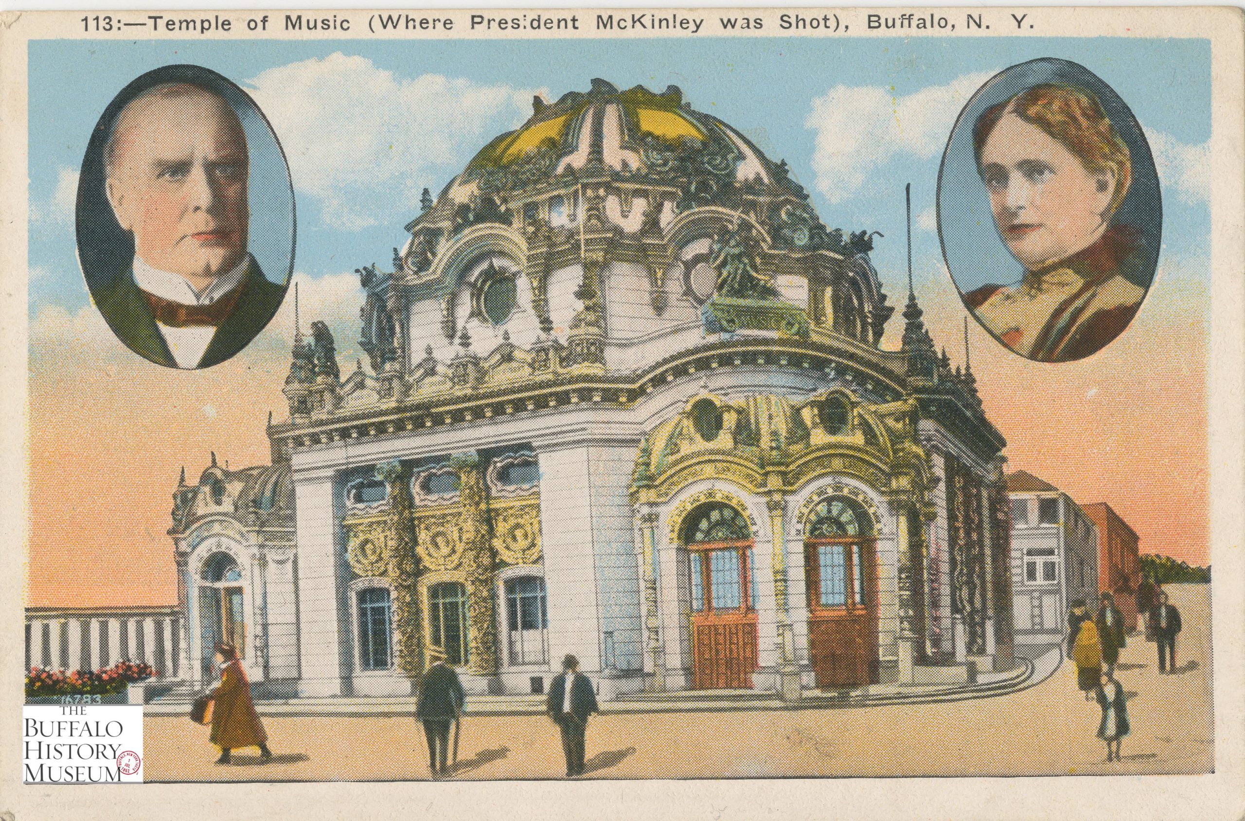 Temple of Music postcard with insets of Mr. and Mrs. McKinley