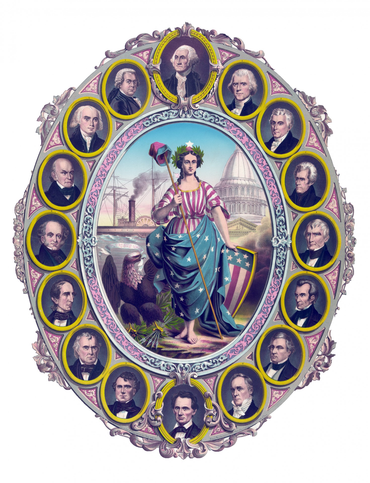 An oval portrait of US presidents